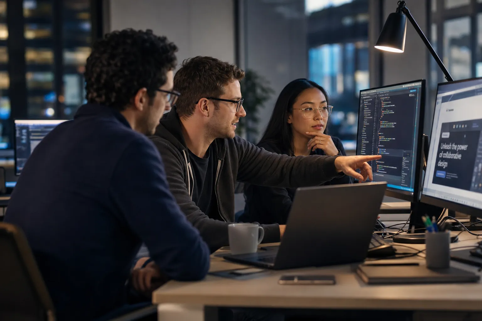 A software development team building and reviewing a website together at their monitors