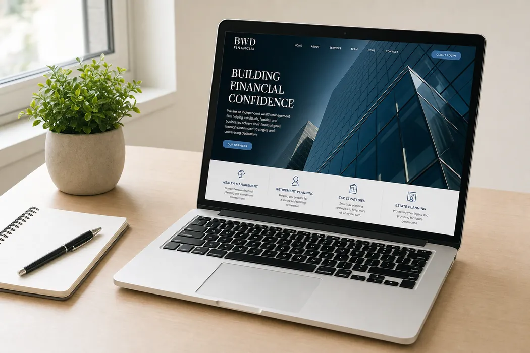A finished business website built by Next Level Devs shown on a laptop at a clean desk